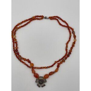 Orange Assorted Shape Beads Necklace Metal Flower Center Pendant 18"